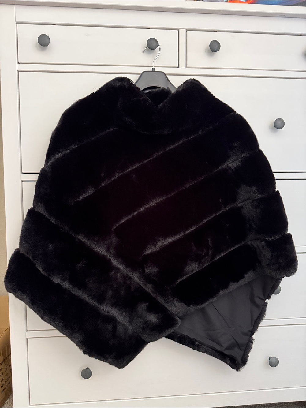 Adrienne Landau Asymmetrical Black Faux Fur Cape